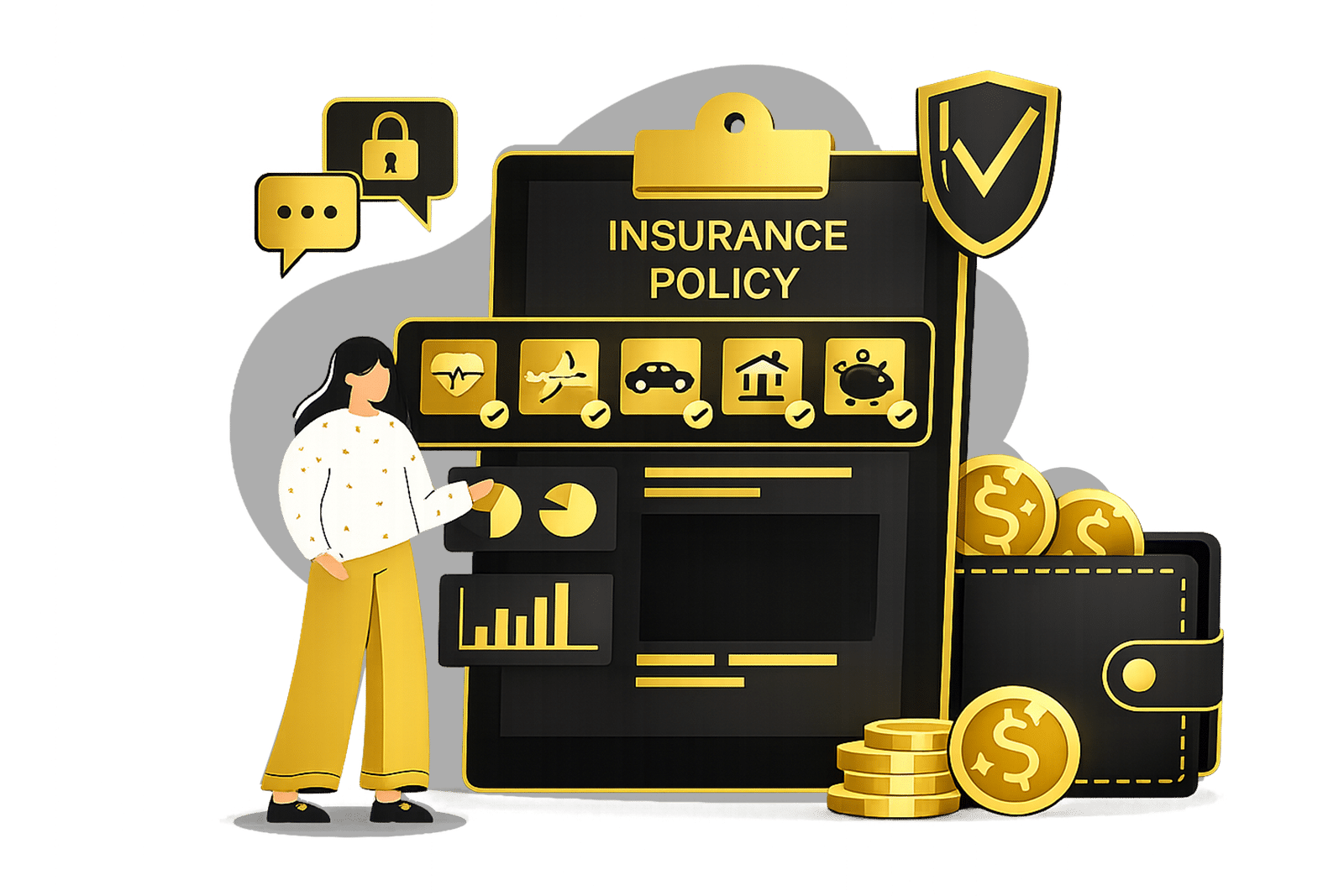 Insurance services with policy form. Security and protection of property, car, life and health from damage. Travel, medical and real estate insurance.