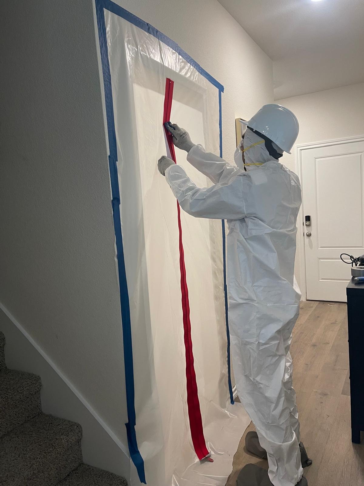 Containment setup documented during water damage restoration for insurance claims in Dallas, Texas