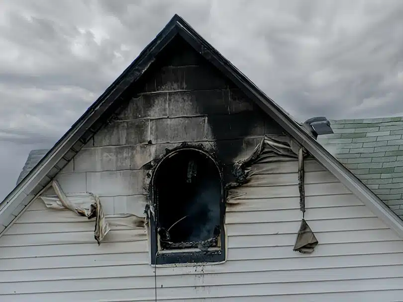 Fire-damaged exterior window showing need for fire damage restoration in Dallas Fort Worth