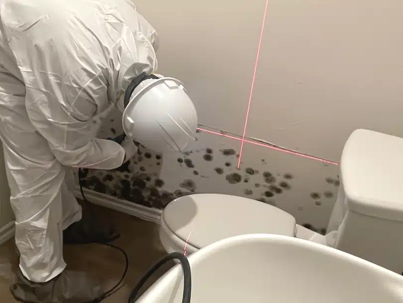 Professional mold remediation in Dallas Fort Worth with technicians containing and removing mold growth in a bathroom using HEPA filtration and protective equipment